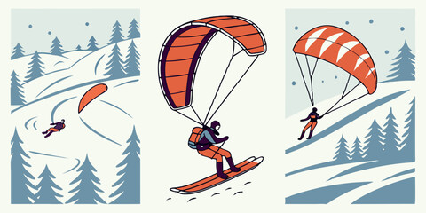 Snowkiting Winter Sports Scene Orange Kites Snowy Mountain Vector Illustration
