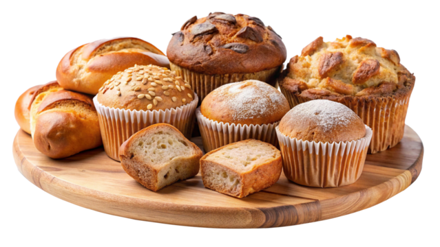 Assorted Delicious Baked Goods on Wooden Board Variety of Breads and Muffins