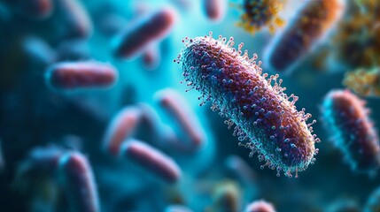 Probiotics for the body. The microbiomeâ€™s role in the immune system. Probiotics backdrop. Immune system health. Microbiome cells on a blue background. Human healthcare concept. Probiotic texture 