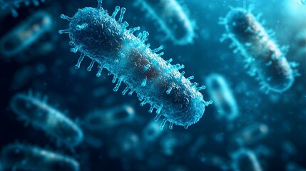 Fototapeta premium Probiotics for the body. The microbiomeâ€™s role in the immune system. Probiotics backdrop. Immune system health. Microbiome cells on a blue background. Human healthcare concept. Probiotic texture 