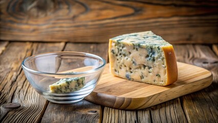 A wedge of pungent blue cheese sits atop a rustic wooden board, its creamy interior reflected in a shallow glass dish nearby, blue cheese, gourmet food