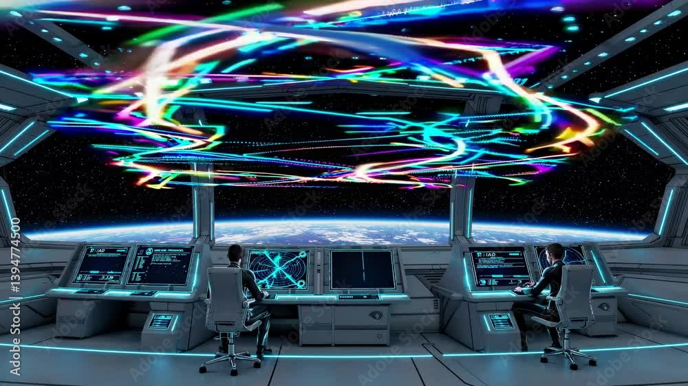 Leinwandbilder View from the advanced space command center showcasing interactive displays and cosmic visuals above Earth