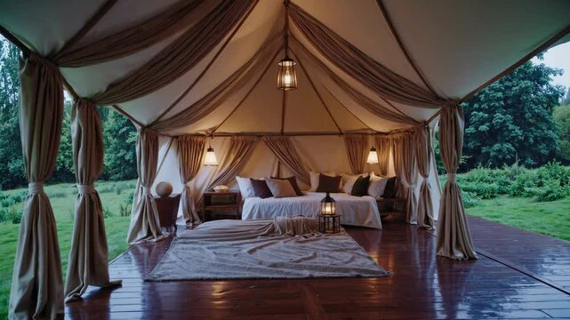 Luxurious glamping tent interior with romantic four-poster bed and lanterns