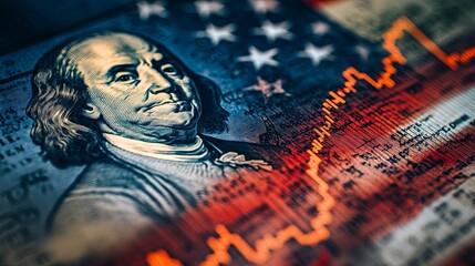 The U.S. economy. Franklin's portrait beside the flag. America's financial market. Graphs next to Franklin's portrait. Concept of economists' predictions for the United States. U.S. government bonds. 