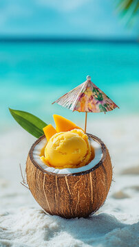 Mango ice cream in coconut on a tropical beach. Summer cold dessert. 