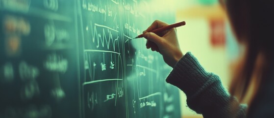A hand writing complex equations on a chalkboard, captured in detail, highlighting the focus and intellect in a scientific pursuit.