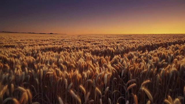 Golden wheat field stretching to horizon at sunset warm tones