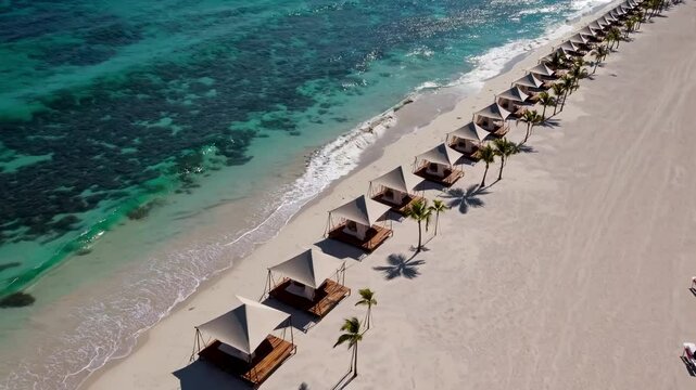 Luxury beachfront resort with rows of umbrellas along turquoise shoreline