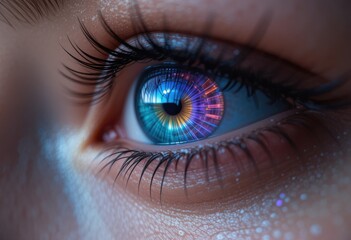 Fototapeta premium Ojo humano que refleja las emociones de la aurora, claridad tecnológica y un flujo estético digital intuitivo
