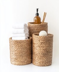 Three woven baskets on white background, containing bath towels, soap dispenser, toothbrushes, and bath puff. Minimalist bathroom organization.