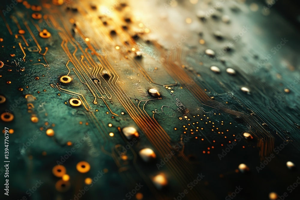 Aufkleber Close-up of a weathered circuit board, showcasing intricate golden circuitry on a dark green background.