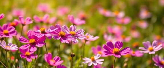 Fototapeta premium Vibrant cosmos flowers bloom in sunlit meadow, soft focus, vibrant, soft focus