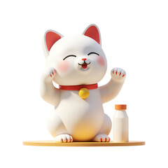 White Lucky Cat Holding Hand with a Bottle 3D Render Icon Illustration Cute Cartoon Style