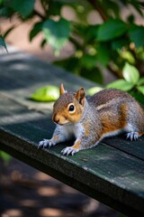 there is a squirrel sitting on a picnic table with a banana
