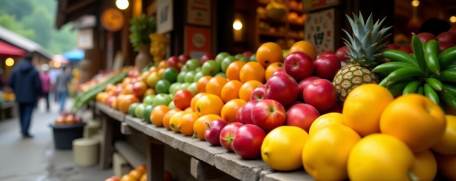 Vibrant display of assorted fresh fruits on wooden stall in rustic mountain village market, fresh, mountain, display