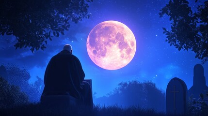 Naklejka premium Solitary Figure Gazing at a Luminous Full Moon in a Mystical Graveyard at Night