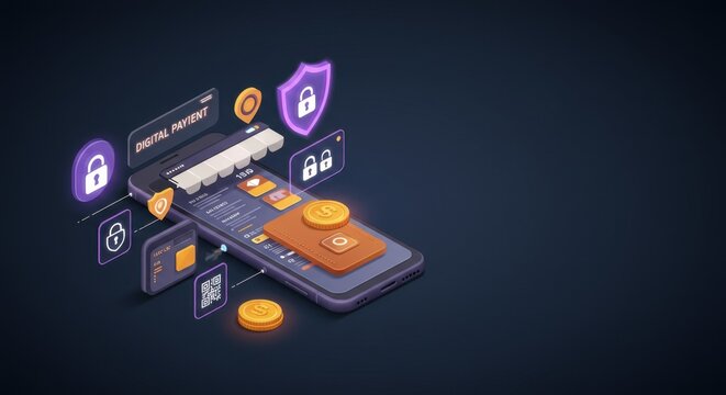 Secure Digital Payment System on Mobile Phone App Interface Illustration