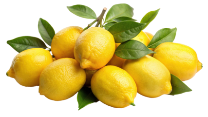 A Bunch of Freshly Picked Lemons with Green Leaves Isolated on transparent background