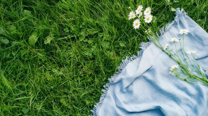 Light blue blanket on green grass with daisies. Top view picnic scene.