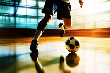 Fototapeta premium Dynamic Soccer Player Action Shot Indoor Court Game Goal Ball Foot Legs Fast Team Warm Shoes Speed 