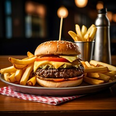 Classic burger with golden fries in a takeaway paper tray. Captured in a clean, top-down style with natural light.

