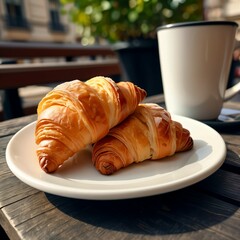 Moroccan tagine, traditional dish, ceramic pot, French croissants and coffee on a Parisian café terrace
