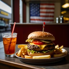 Beef cheeseburger with ketchup and mustard served on a rustic board, with clean, minimal lighting. A timeless American meal.


