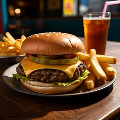 Classic American cheeseburger served with crispy fries and a soda in a retro diner setting. Styled for a clean, nostalgic food scene.

