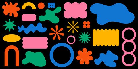 Bright abstract geometric and organic shapes on black background, ideal for modern design elements, stickers or branding accents. Vector EPS 10
