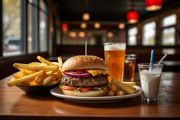 Golden crispy chicken sandwich with fries and cola on a neutral background. Clean styling for fast-casual dining themes.

