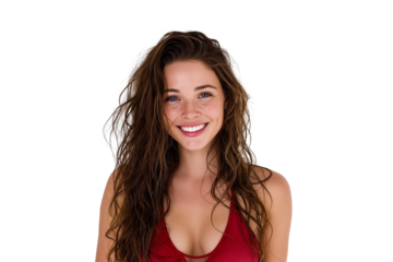 beautiful young woman with radiant smile wears  red bikini