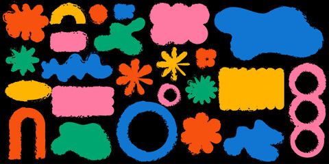 Colorful abstract shapes with rough brush texture on black background. Great for creative design projects, bold compositions, and artistic branding. Vector EPS 10