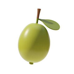 Obraz premium Green Olive Fruit with Leaf 3D Render Icon Illustration Cute Cartoon Style and Transparent BG