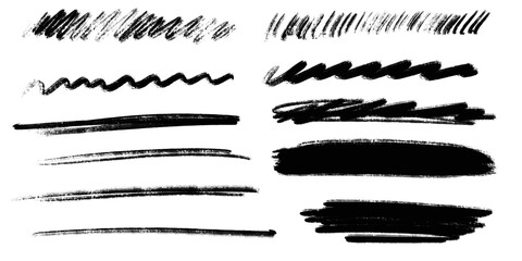 Hand-drawn sketch brush strokes and lines in various thicknesses and styles. Great for design accents, underline effects, and artistic text highlights. PNG image