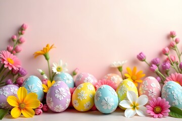 Fototapeta premium Elegant Easter Egg Display with Yellow and Pink Spring Flowers on Soft Pink Background