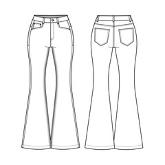 Women's flare leg jeans pant front and back view mockup template vector design technical illustration.