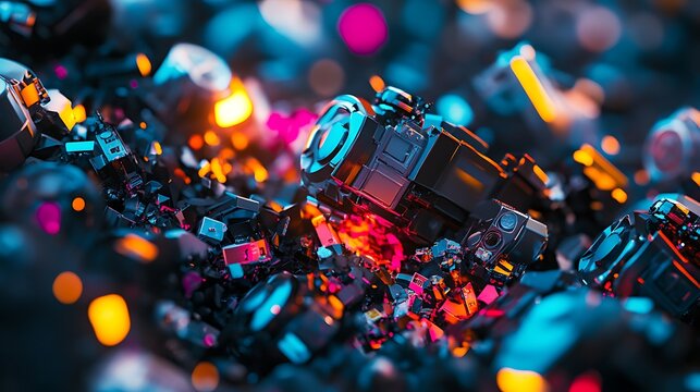 Abstract digital composition featuring an array of small, high-tech objects scattered amidst colorful bokeh lights, creating a dynamic and vibrant atmosphere