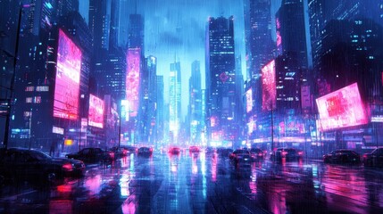 Urban Cityscape at Night with Neon Signs and Rain Reflections