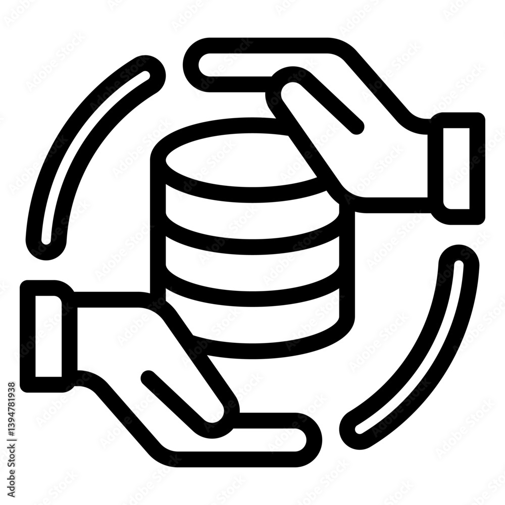 Poster hands with backup disks line icon, data hoarding concept. vector graphics. hard disks space for file