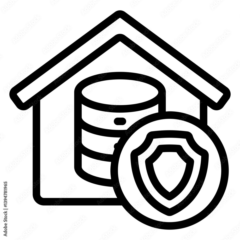 Poster house with data storage line icon, data protection concept. vector graphics. disks array storage, bu
