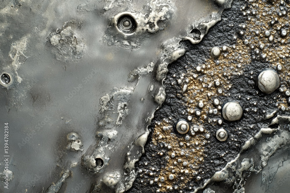 Poster abstract metallic artwork with textured surfaces, contrasting grey and gold tones, and embedded rive