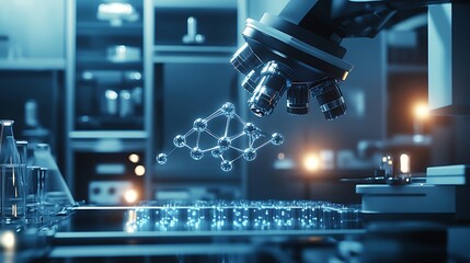 Advanced robotic arm manipulating glowing molecular structures in a high-tech laboratory, showcasing innovation and science