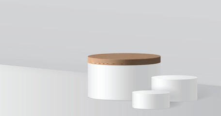 3D podium set white color from angle view in empty room with light and shadow. Realistic product scene pedestal, 3d stage mockup, blank podium place for business, sport, cosmetic products, vector eps