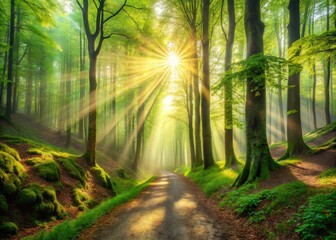 Fototapeta premium Sunlit beech path, spring's misty revival, fairytale light on mountain trail.