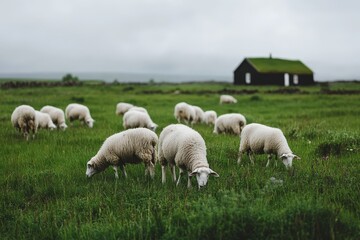 Obraz premium Tranquil Meadow with Sheep and Historic Turf Home in Iceland