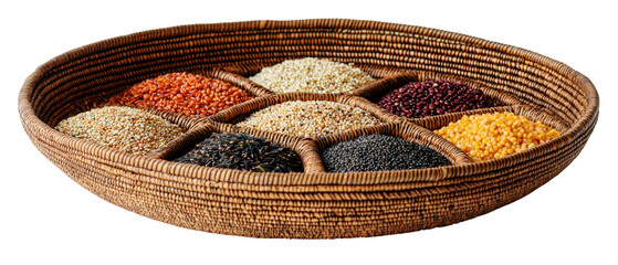 Assortment of Spices and Herbs in a Woven Bowl