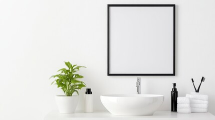 Fototapeta premium White bathroom interior with a modern sink, black frame, and small potted plant. Clean and minimalist design.