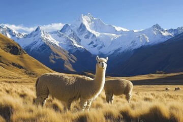 Fototapeta premium Peaceful Scene of Llamas and Alpacas in the Andes with Mountain Backdrop