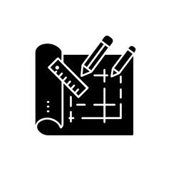 Blueprint with Ruler and Pencil Icon in Black Filled Minimalist Style