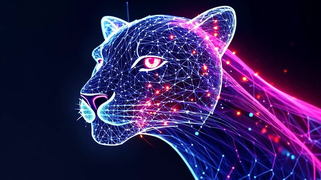 A vibrant digital representation of a panther's head with glowing lines and particles in motion